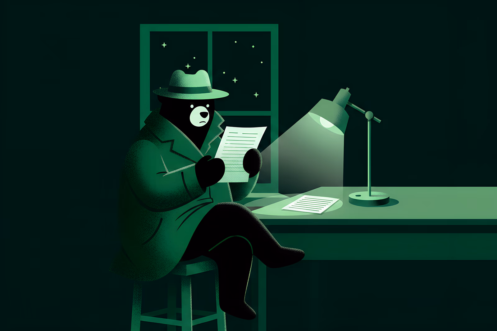 A detective bear seated on a stool, reviewing a sheet of release notes under a desk lamp, a starry night sky through the window behind him