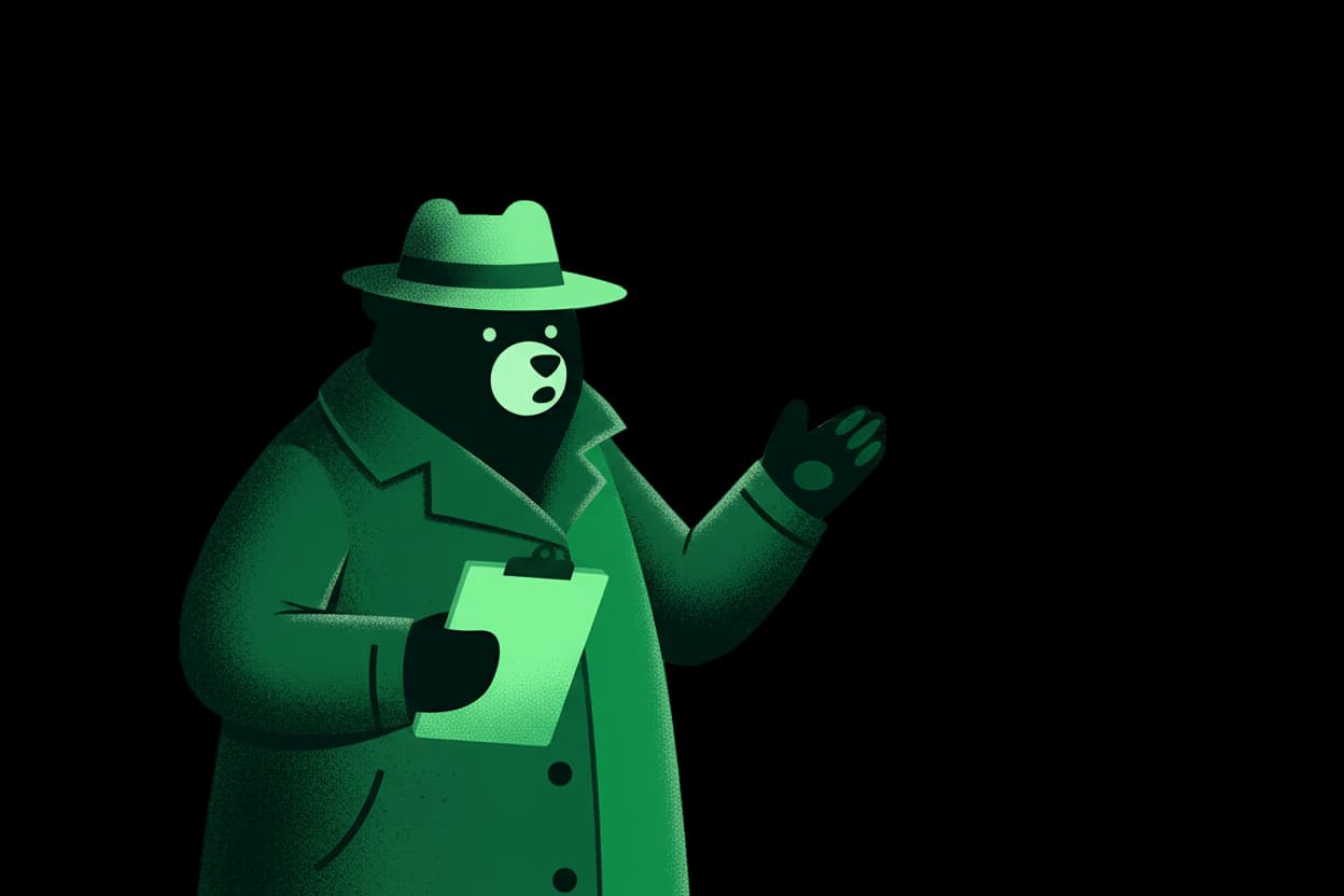 A detective bear holding a clipboard, gesturing toward a flowchart pinned to the wall