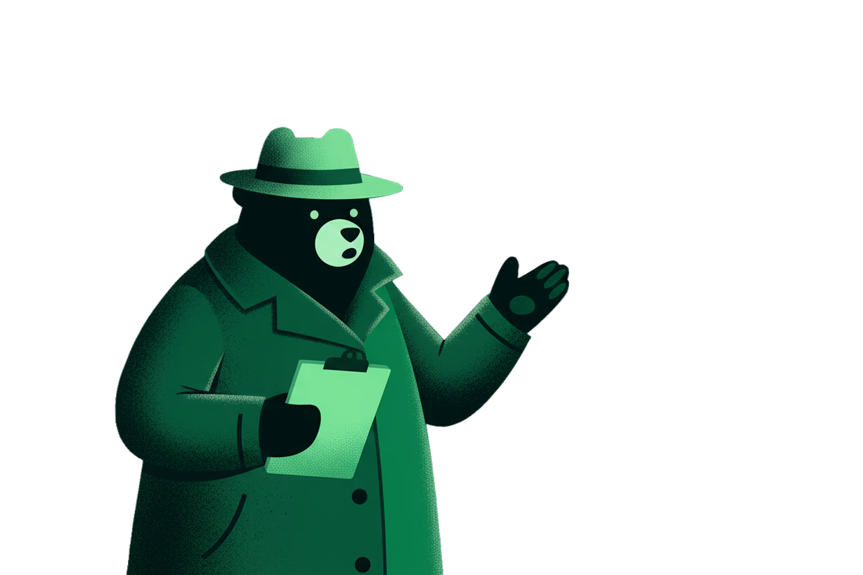 A detective bear holding a clipboard, gesturing toward a flowchart pinned to the wall