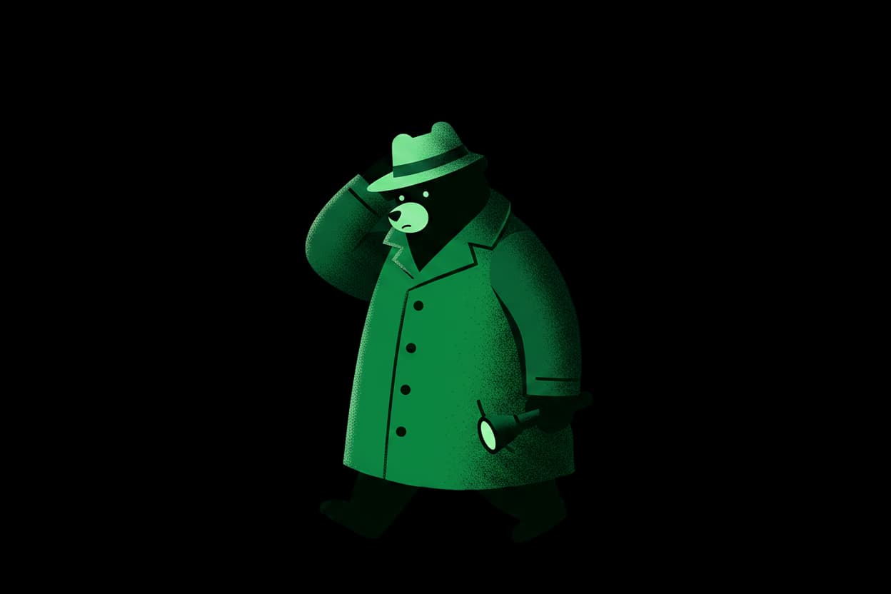 A detective bear walking, scratching his head in puzzled thought