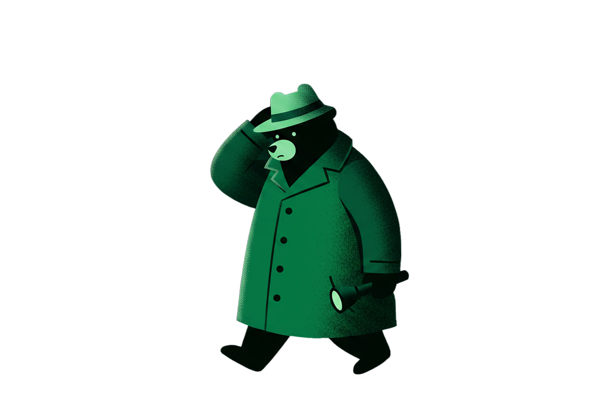 A detective bear walking, scratching his head in puzzled thought