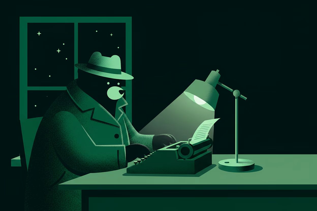 A detective bear typing at a vintage typewriter under a desk lamp, a starry night sky through the window behind him