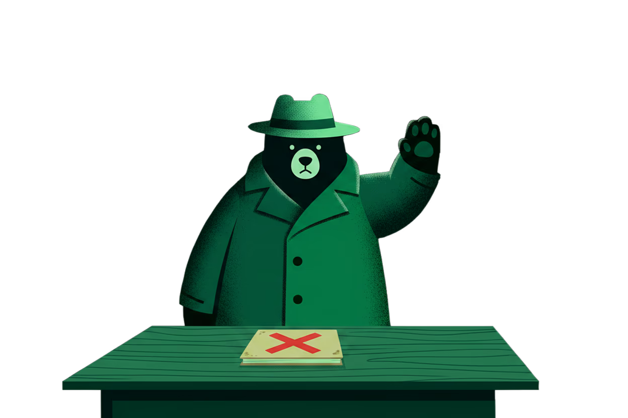 A detective bear behind a desk with one paw raised in a firm stop gesture, a folder marked with a red X in front of him