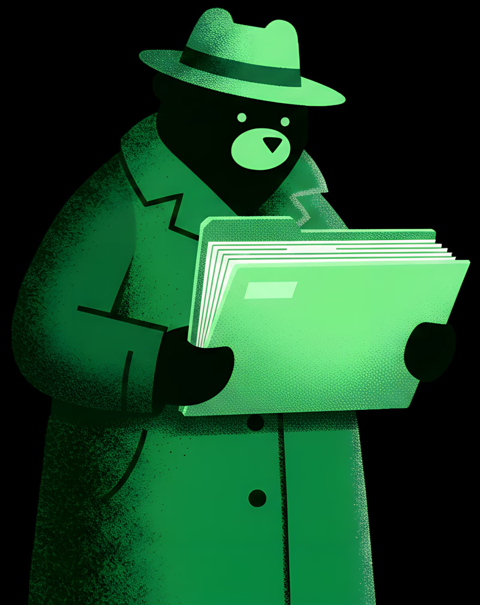 A detective bear holding out a thick stamped folder of finished pages, presenting the deliverable to the viewer