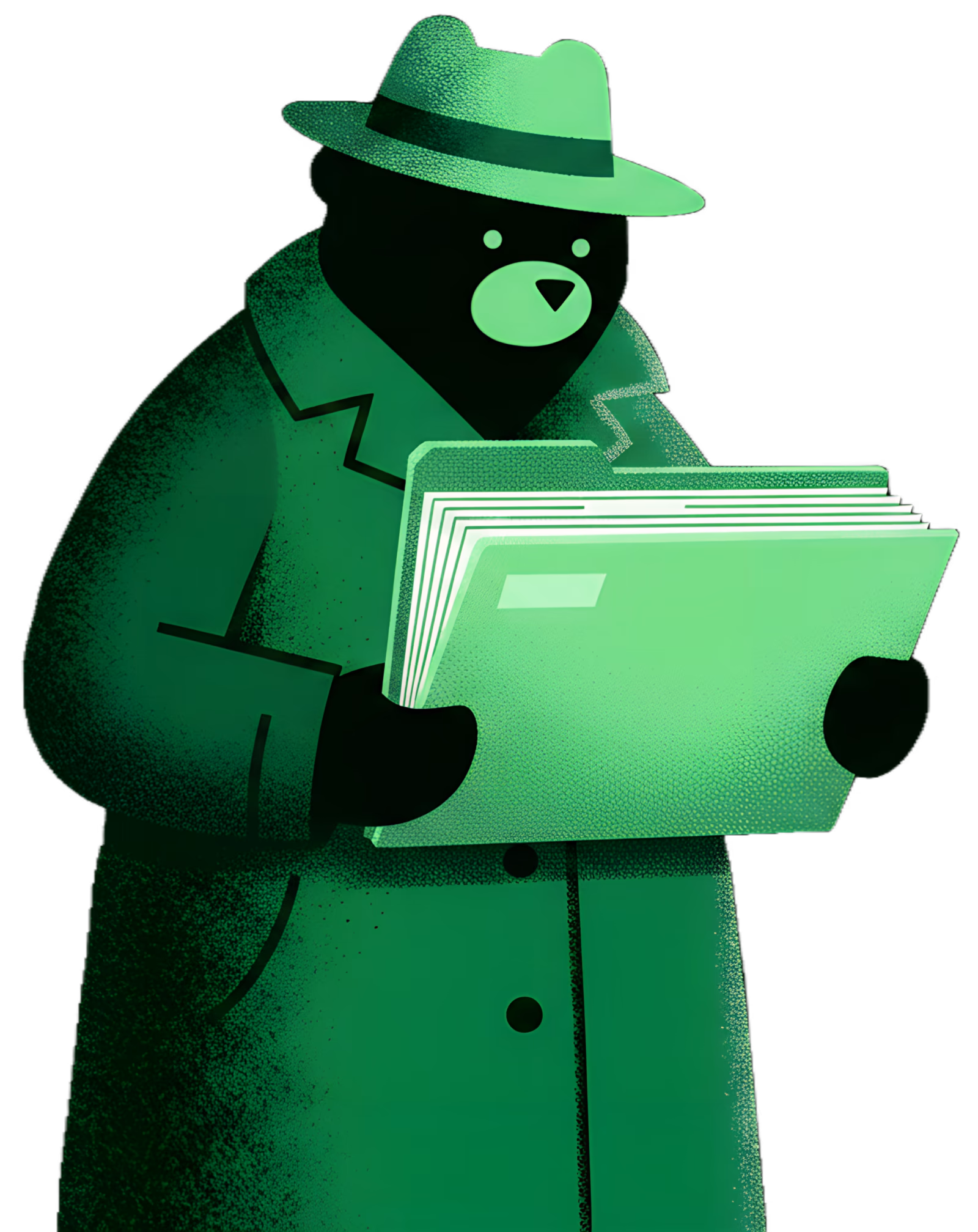 A detective bear holding out a thick stamped folder of finished pages, presenting the deliverable to the viewer