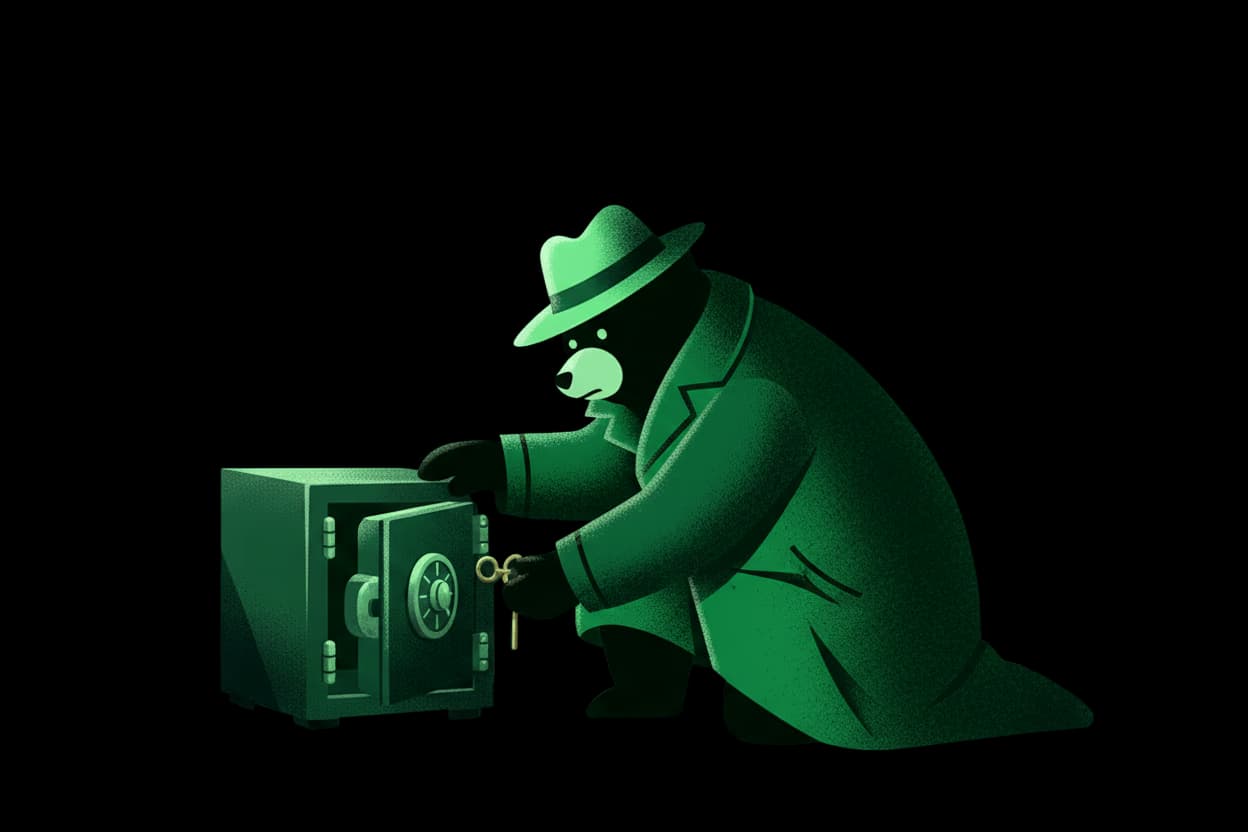 A detective bear crouched beside a small iron safe, closing it with a brass key