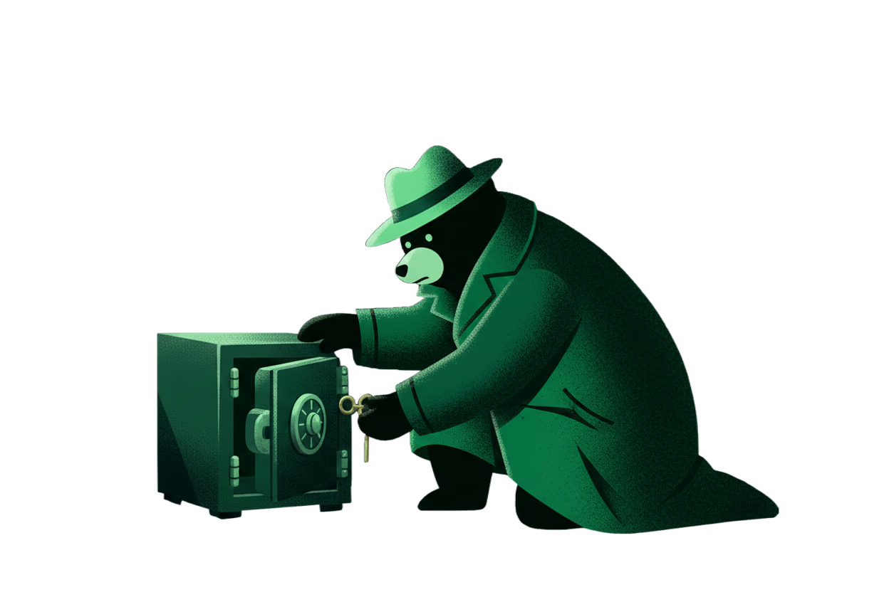 A detective bear crouched beside a small iron safe, closing it with a brass key