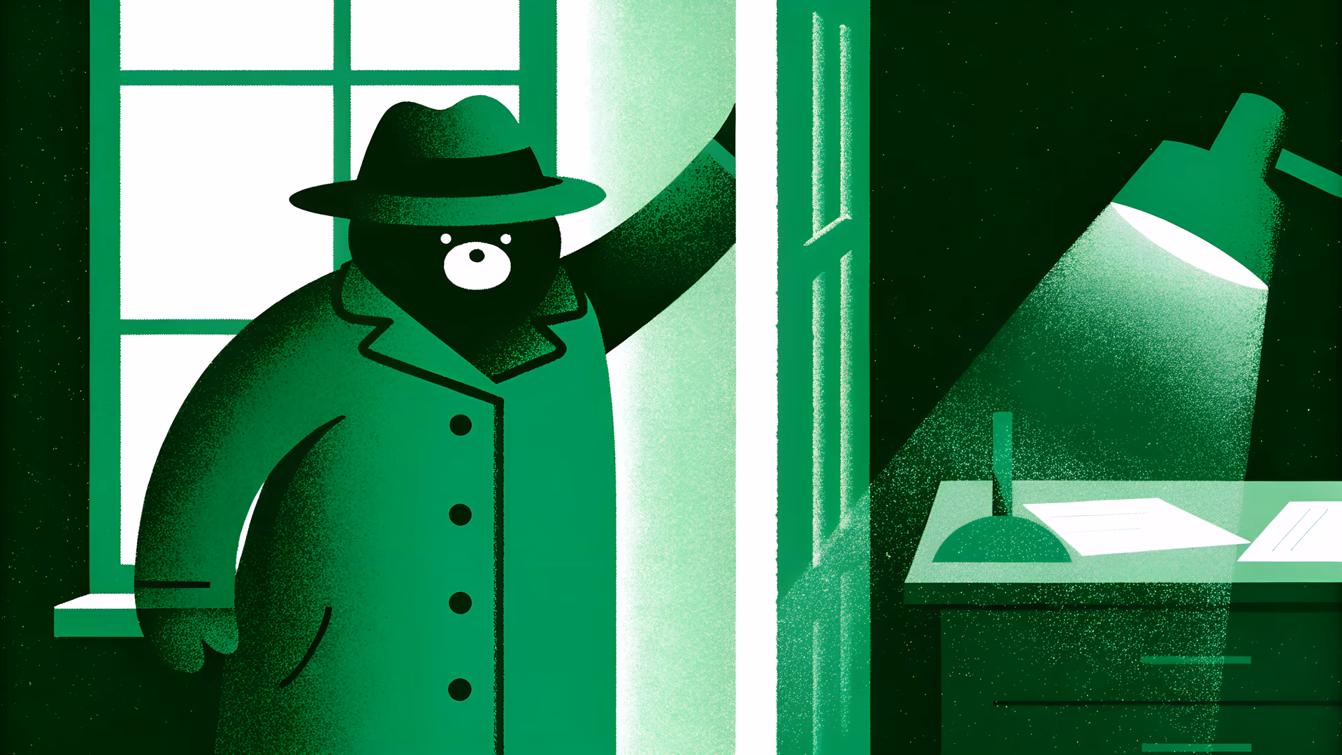 A detective bear returning to his office, hanging his fedora on the coat rack